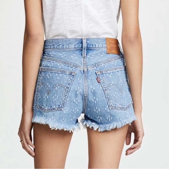 Levi's Pants - Levis 501 Button Fly High Rise Distressed Frayed Dottie Blues Denim Shorts 29